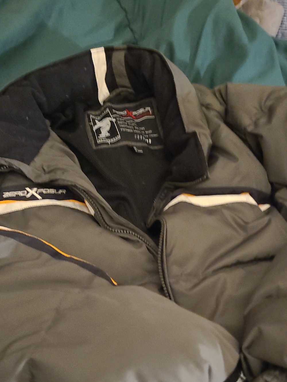 ZeroXposur 60% Down Gray Puffer Jacket with Orange & White Accents